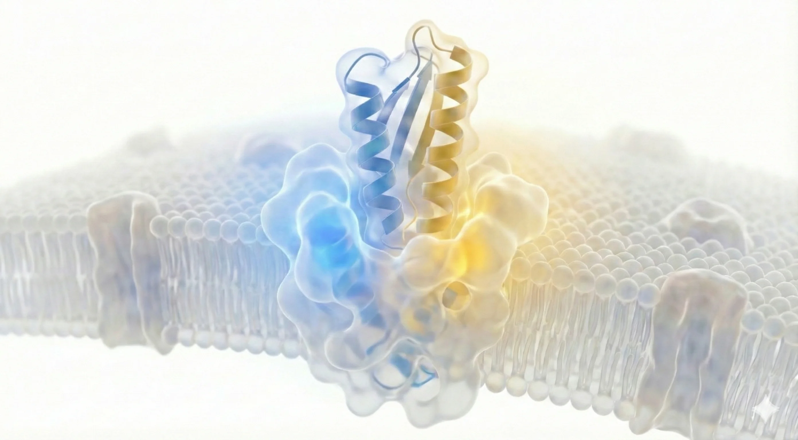 A miniprotein bound through a lipid membrane, its blue and gold surfaces meeting at the binding interface.