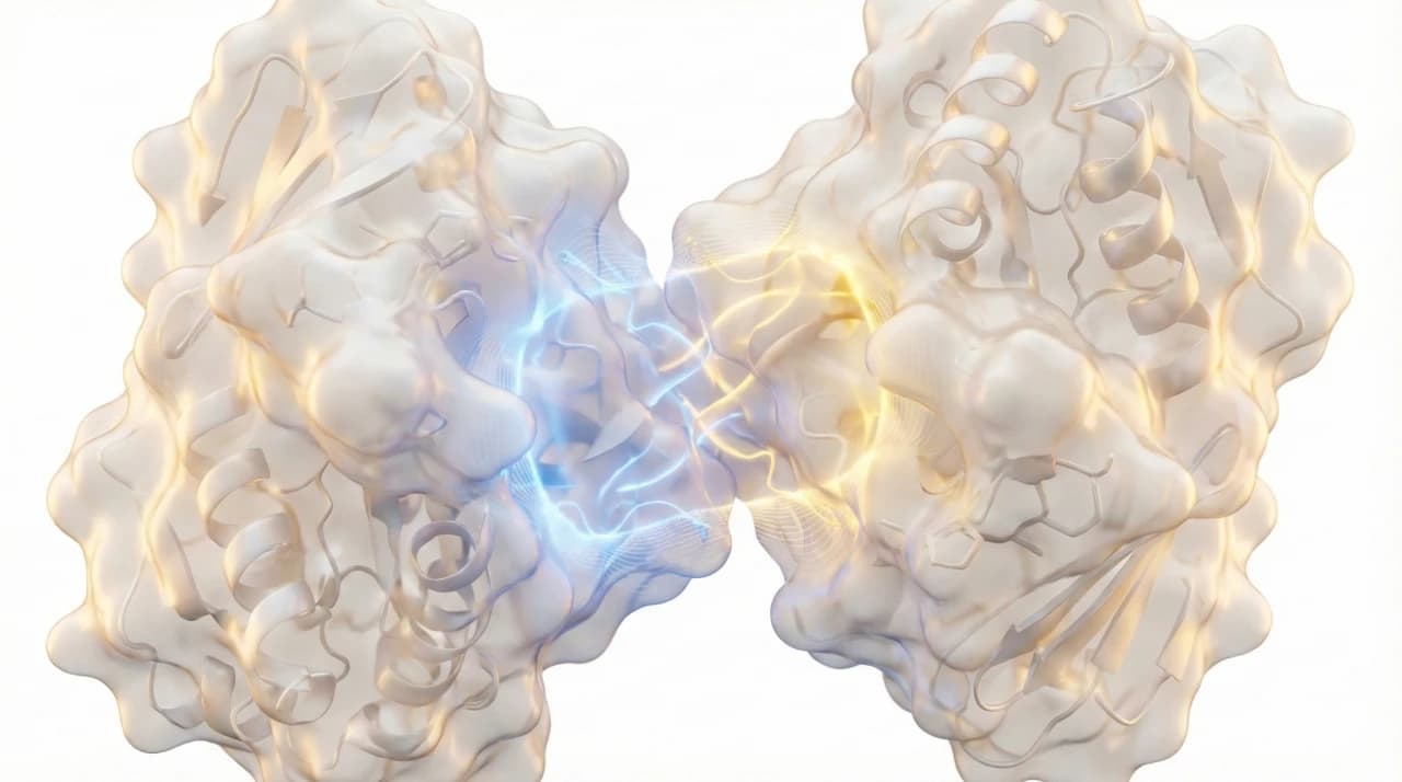 Two protein surfaces meeting at a shared binding interface, lit along the contact zone.